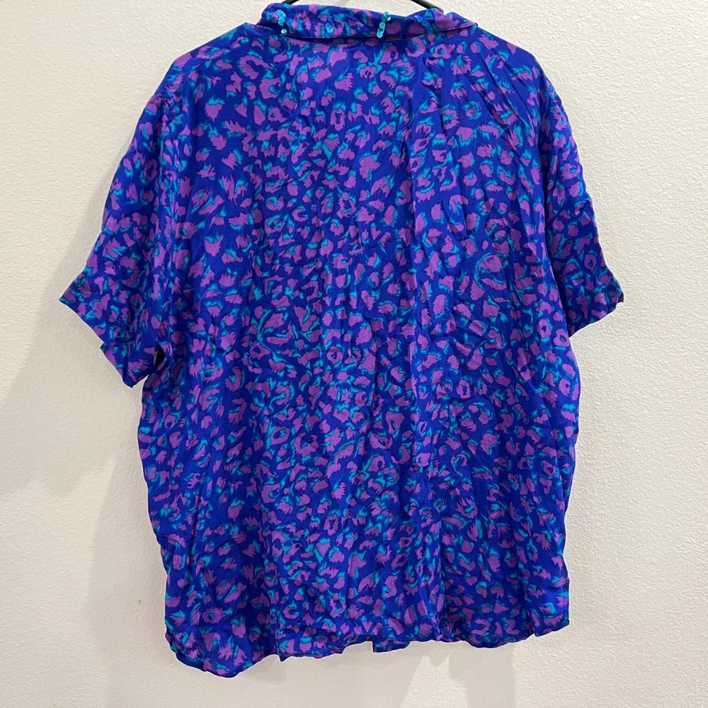 Vintage Diane Gilman 2X Silk Animal Print‎ Sequin Button Up Top Blue Purple 90s - Picture 5 of 7